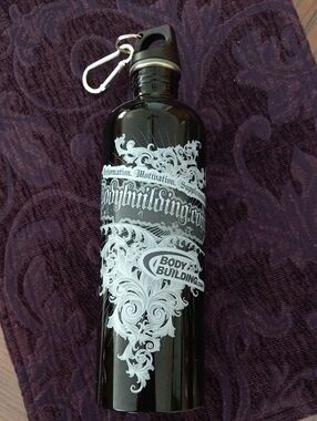 NWOT BodyBuilding.com Black Metal Water Bottle with White Graphic